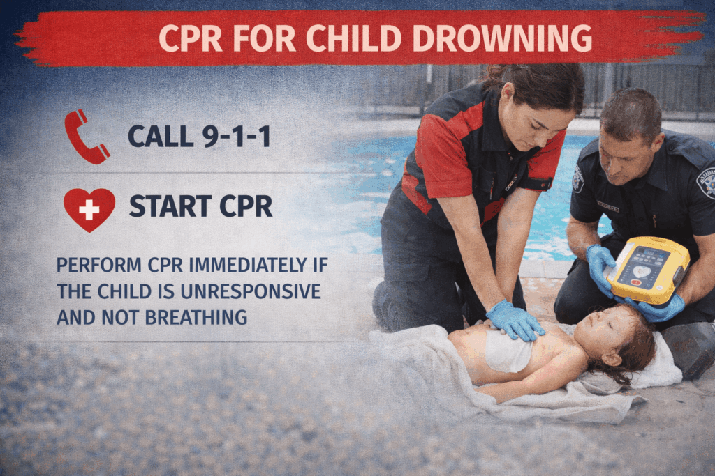 CPR instructions for child drowning rescue
