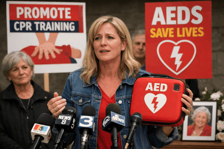 Family and emergency responders outside a retail store after cardiac arrest, highlighting need for CPR and AED access