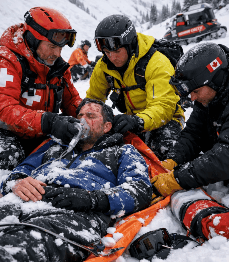 Snowboarder receiving emergency first aid after being swept away by an avalanche at a British Columbia ski resort