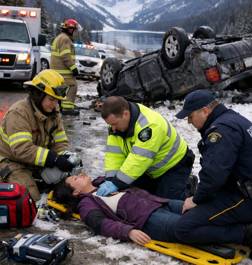 First responders performing CPR after a rollover accident near Lake Louise on Highway 1