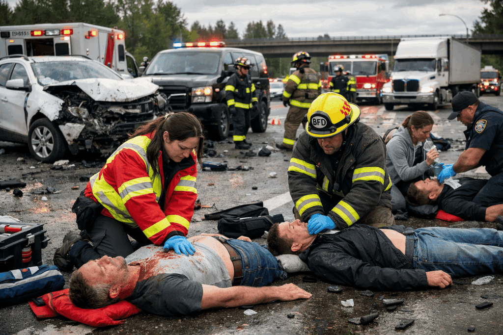 Emergency responders perform CPR after a serious multi-vehicle collision on Highway 1 in Burnaby