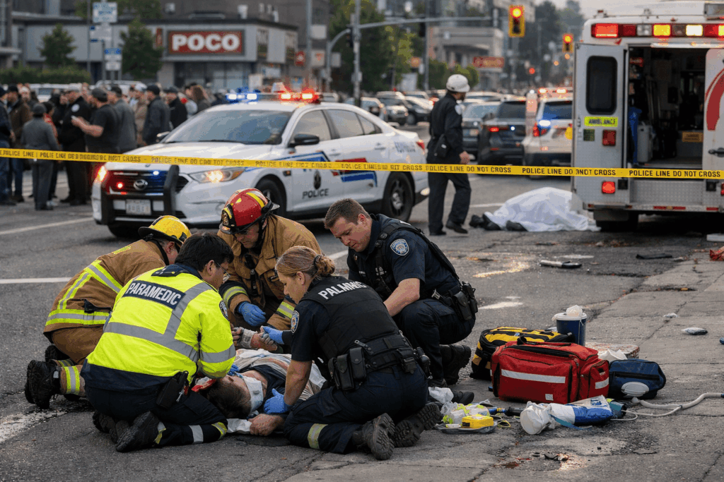 Emergency responders provide first aid to injured pedestrian following fatal multi-vehicle crash in Coquitlam intersection.