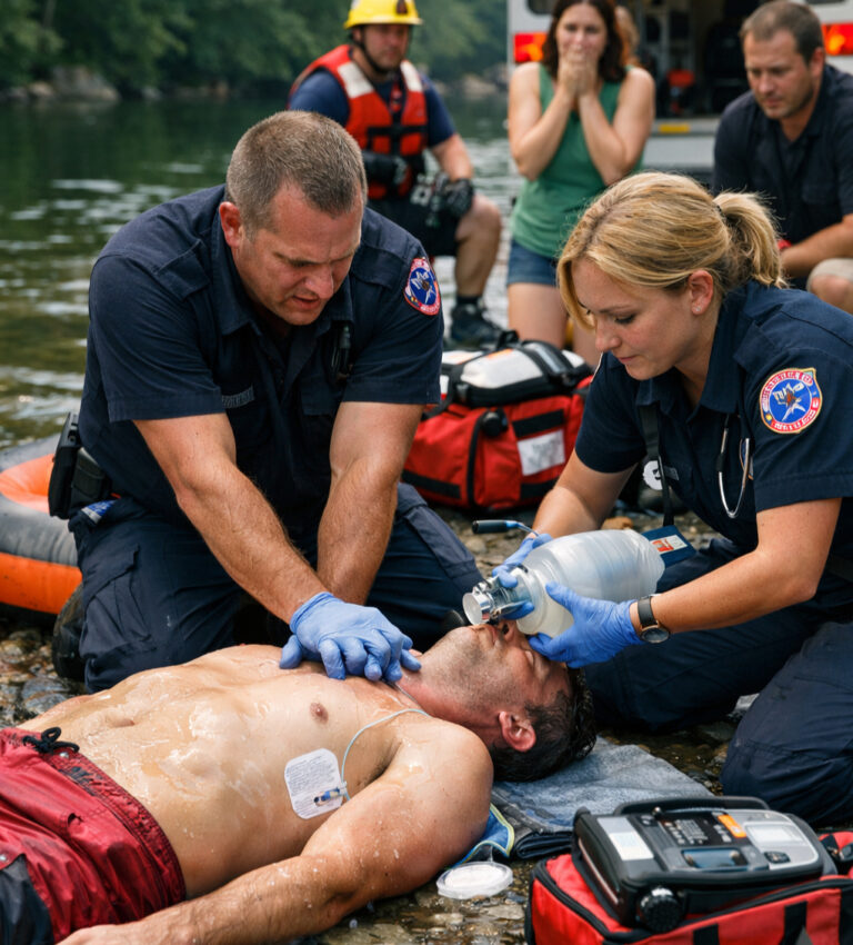 Friends and emergency responders attempt CPR after a tubing accident on Vancouver Island’s Puntledge River