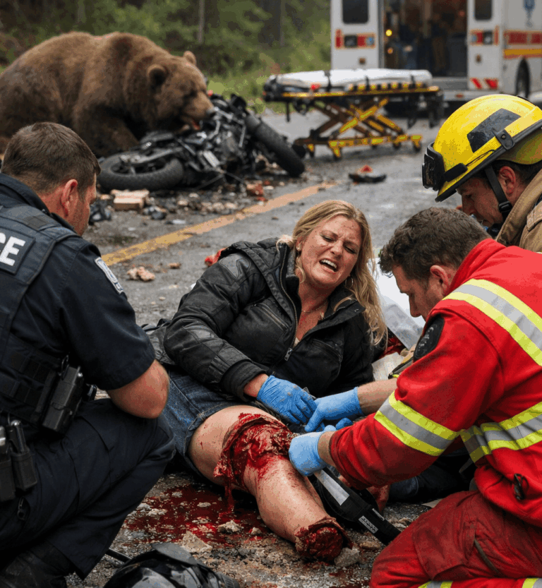Motorcycle crash scene in Northern Ontario where woman lost leg after collision with bear on rural highway