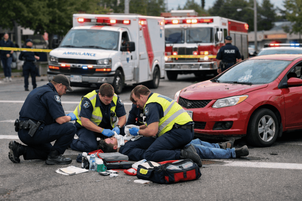 Bystanders provide first aid to a seriously injured pedestrian after an Abbotsford road collision.