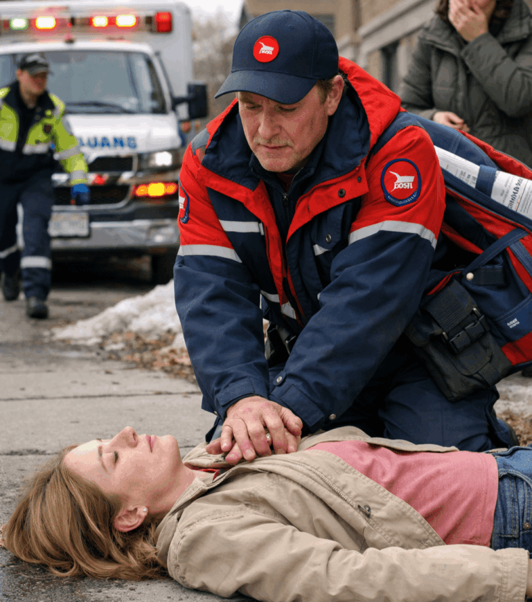 Winnipeg mail carrier discussing CPR instructions with emergency dispatcher after finding unconscious woman in apartment lobby