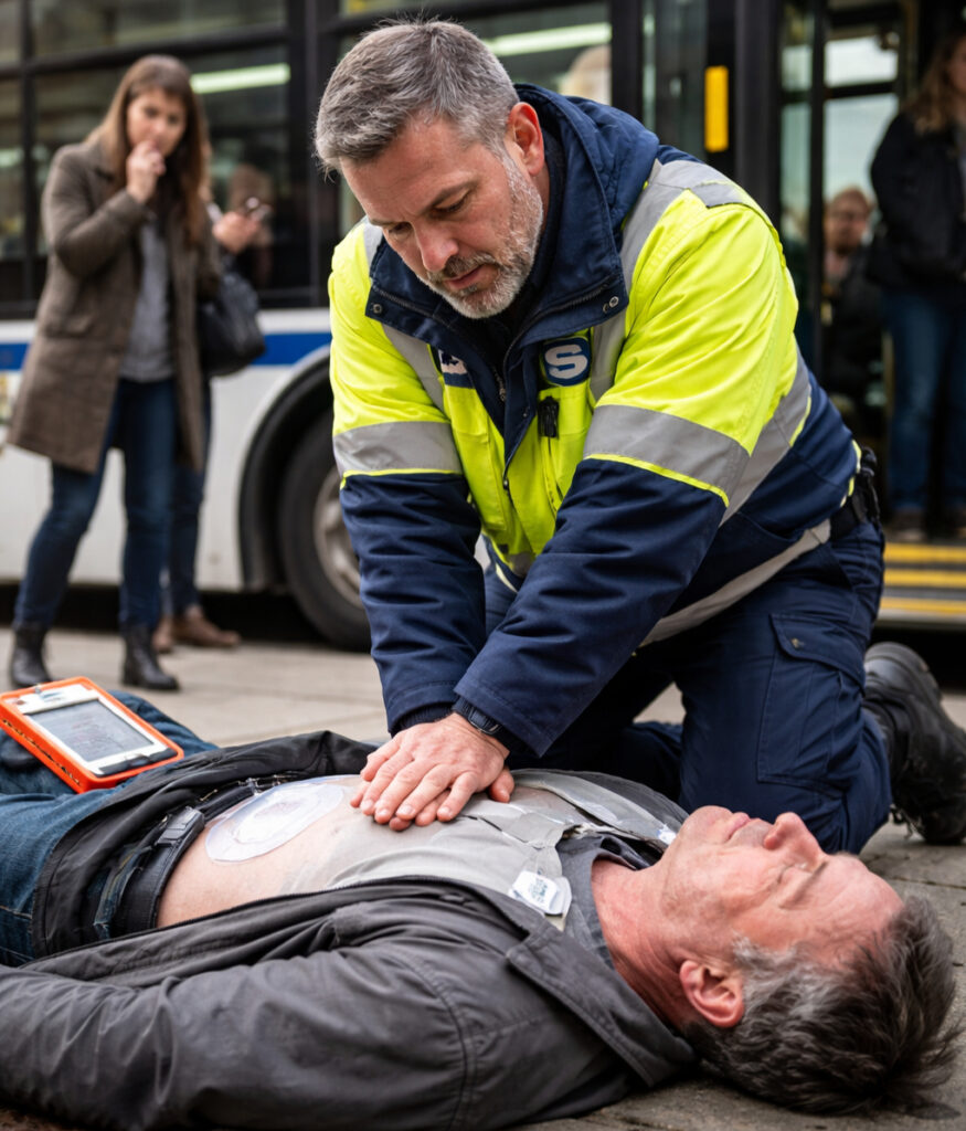 Sudbury bus driver performing CPR on unconscious teen after roadside collapse