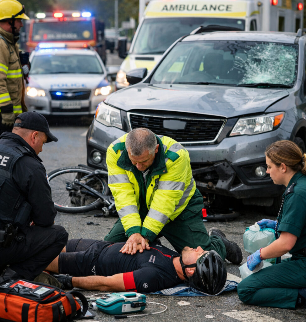 Paramedics performing CPR on a cyclist after an SUV collision in Surrey