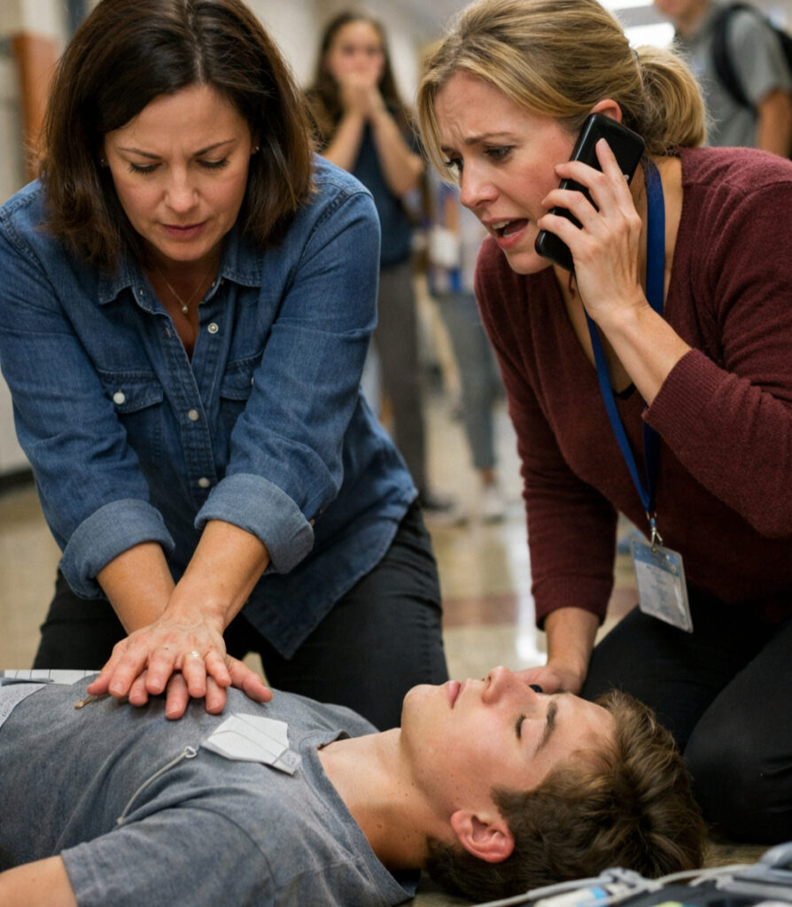 Teachers performing CPR on a student during a cardiac emergency at a British Columbia high school