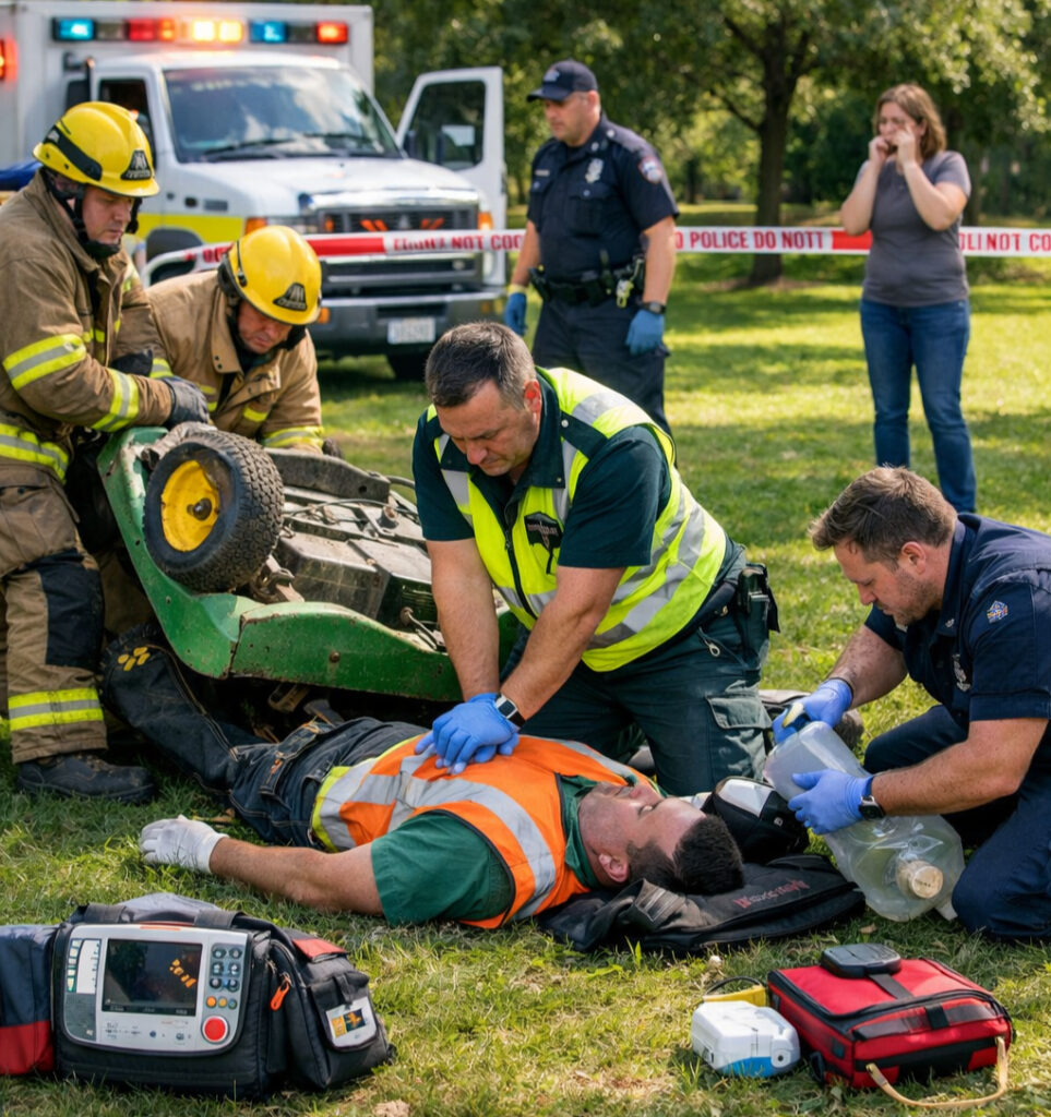 Worker rescued from pond after riding mower accident in Surrey park as coworkers perform emergency CPR