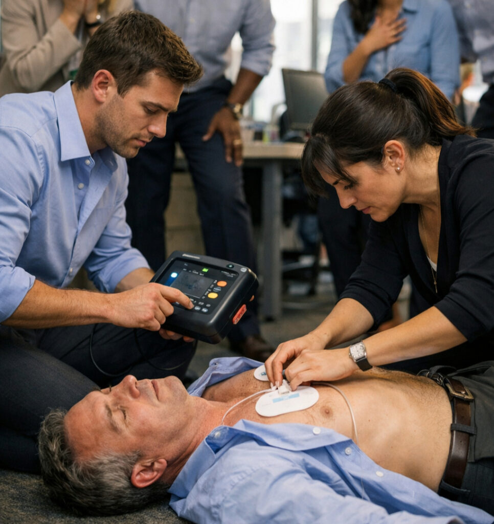 Coworkers using AED and CPR to save a man during sudden cardiac arrest at a workplace