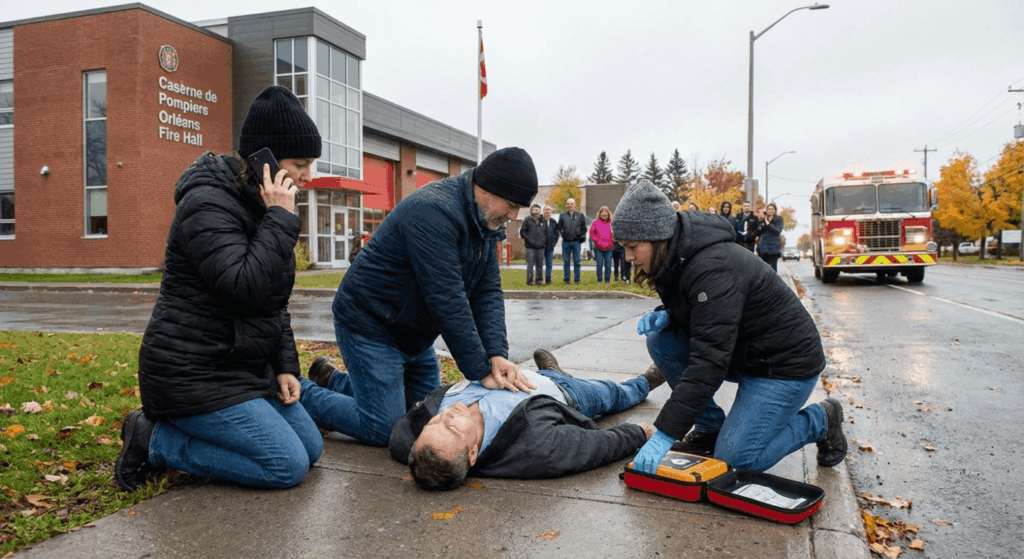 Bystanders performing CPR on a collapsed jogger near a fire station using life-saving emergency response