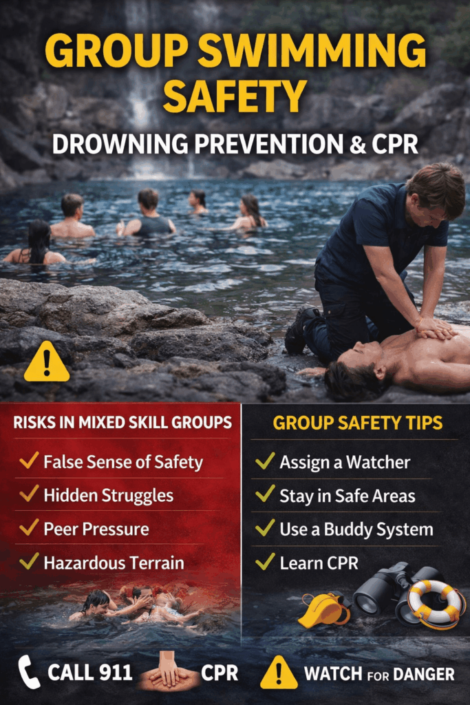 Group swimming safety tips and CPR guide