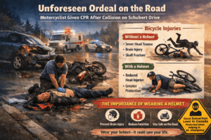 Motorcycle accident and helmet safety illustration