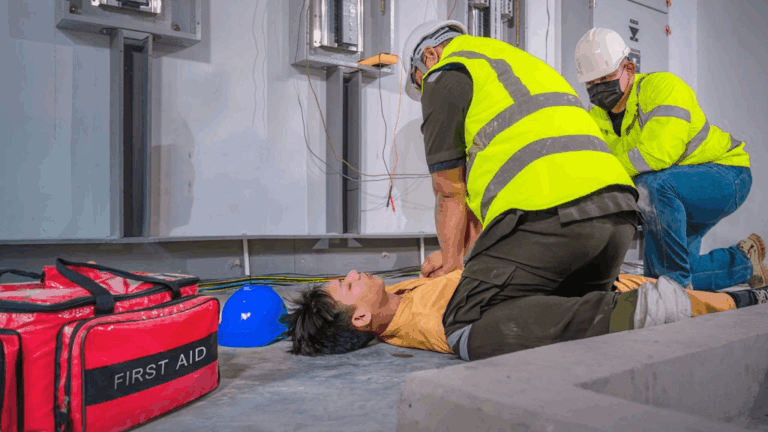Employees performing CPR on a co-worker at a workplace emergency with first aid equipment nearby