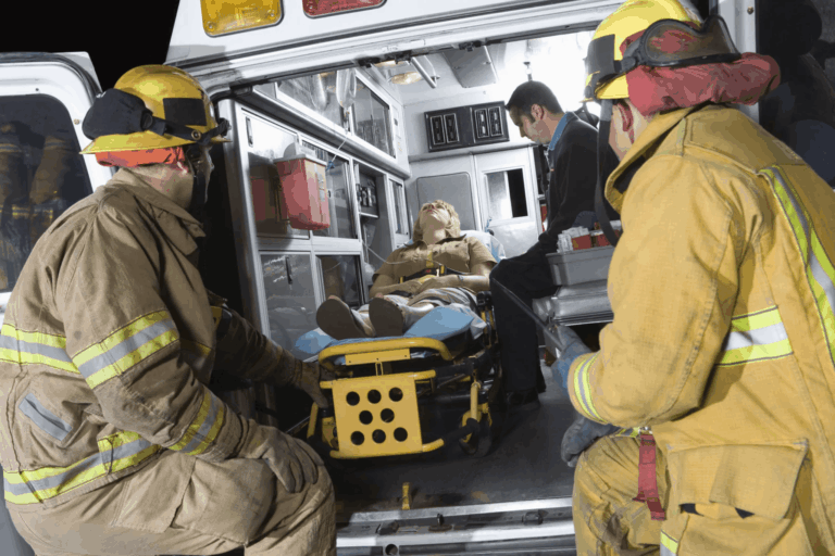 Firefighters assisting an unconscious carbon monoxide poisoning victim inside an ambulance