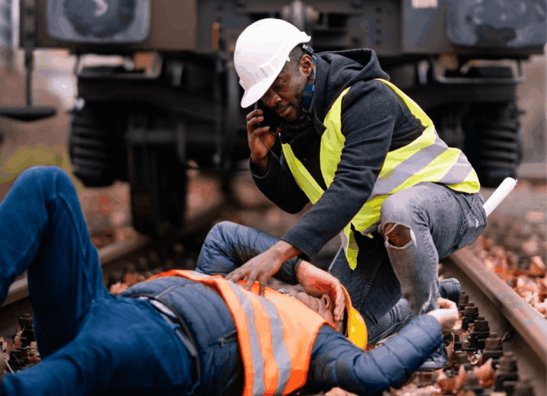 Worker calling for help during a workplace accident.