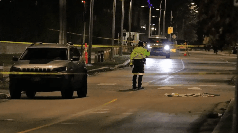 Police investigate a nighttime pedestrian collision scene in Richmond after an elderly woman was struck by a vehicle