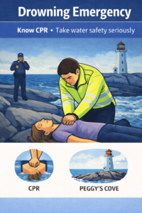 CPR near Peggy's Cove shoreline