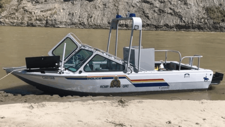 RCMP police boat used during a cold-water rescue operation in Alberta.